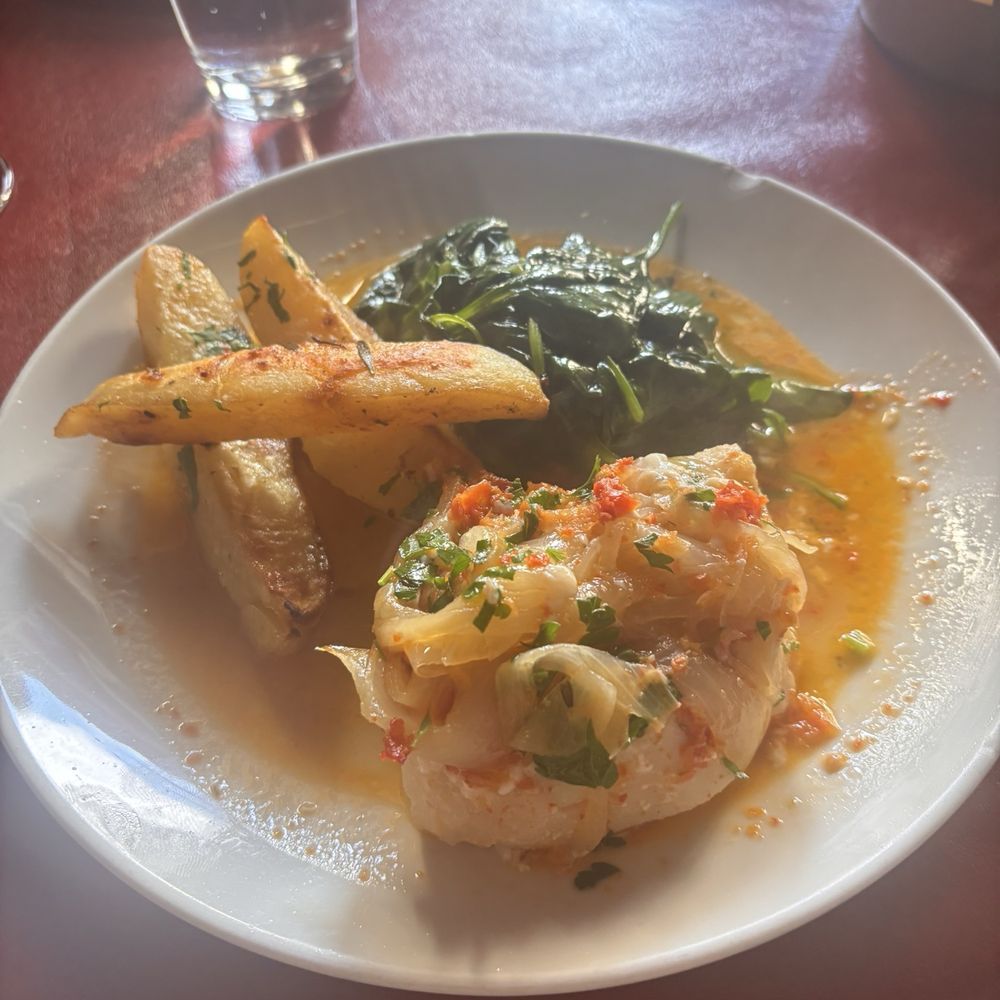 Soya & Pomodoro - Cod in a flavorful light sauce. Spinach and potato wedges. - Italian Near Me - Miami, Florida Soya & Pomodoro - Cod in a flavorful light sauce. Spinach and potato wedges. - Italian Near Me - Miami, Florida