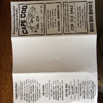 Cape Cod Fish - Back page of takeout menu. - Seafood Near Me - Fort Myers, Florida