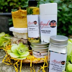 Abiyah Naturals - Just a few of the essentials. Handmade plant based soap, body butter, body oil, talc free powder and aluminum free deodorant.