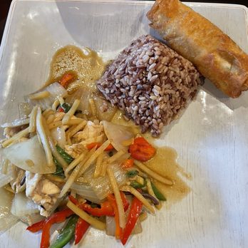 Thailicious Cuisine and Bar - Basil Sauce with chicken and brown rice.  Egg Roll appetizer.  All delicious! - Thai Near Me - Southlake, Texas