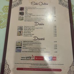 Back of the menu