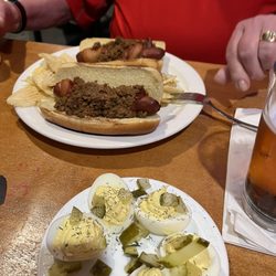 Pick's Pub - Chili Dogs with chips and Deviled Eggs