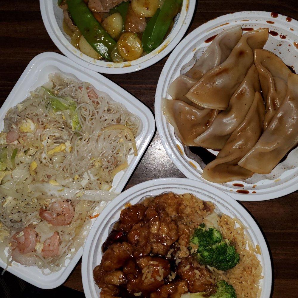 Steamed dumplings, shrimp mei fun, general tso chicken, beef curry Steamed dumplings, shrimp mei fun, general tso chicken, beef curry
