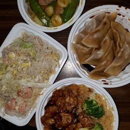 Steamed dumplings, shrimp mei fun, general tso chicken, beef curry Steamed dumplings, shrimp mei fun, general tso chicken, beef curry