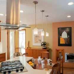 D P Design - Japanese-influenced kitchen with new contemporary fireplace in 1970s updated kitchen