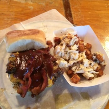 Moses Rose's Hideout - Delicious San Jose burger with brisket bacon BBQ sauce and cheddar. And a badass side of potato salad. F#€king yummy. - Barbeque Near Me - San Antonio, Texas Moses Rose's Hideout - Delicious San Jose burger with brisket bacon BBQ sauce and cheddar. And a badass side of potato salad. F#€king yummy. - Barbeque Near Me - San Antonio, Texas