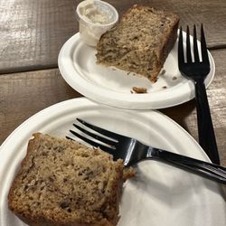 Copperline Coffee & Cafe - Banana bread split between 2. Very moist. Comes with a cinnamon icing. Yummy.