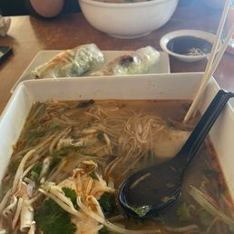 Chicken breast pho, spring rolls, and shrimp pho. Chicken breast pho, spring rolls, and shrimp pho.