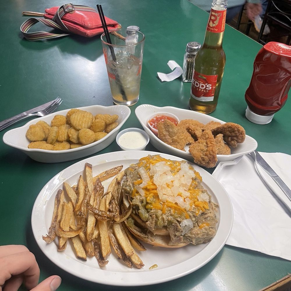 Fried pickles, Bull fries and green chile burger