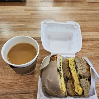 Odell's Bagel - Lox Egg Scramble on Furikake bagel with coffee - Bagels Near Me - Denver, Colorado Odell's Bagel - Lox Egg Scramble on Furikake bagel with coffee - Bagels Near Me - Denver, Colorado