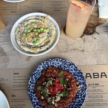 Baba - The muhammara (amazing) and the hummus (bland for me but I did try the muhammara first), drink is a paloma. - Middle Eastern Near Me - Edinburgh, EDH