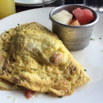 Brigantine - Seafood omelette with fruit instead of potatoes and no hollandaise sauce - Seafood Near Me - Del Mar, California Brigantine - Seafood omelette with fruit instead of potatoes and no hollandaise sauce - Seafood Near Me - Del Mar, California