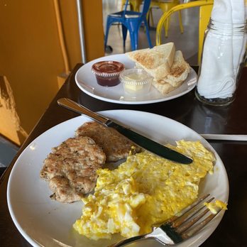 Rooster - Downtown - Sausage eggs and toast on the side. - Creperies Near Me - St. Louis, Missouri Rooster - Downtown - Sausage eggs and toast on the side. - Creperies Near Me - St. Louis, Missouri