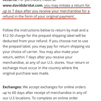 David's Bridal - Refund Refused Despite Written Policy Stating Otherwise! - Bridal Near Me - Oklahoma City, Oklahoma