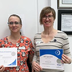 Gray's Compounding Pharmacy - Heidi Radcliffe, RPT and Michelle Gray, R.Ph/Owner with their recent PCCA certifications in non-sterile compounding and Hormone Specialist