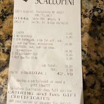 Salvatore Scallopini - a receipt on a counter - Italian Near Me - Eastpointe, Michigan Salvatore Scallopini - a receipt on a counter - Italian Near Me - Eastpointe, Michigan