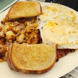 Olympia Diner - Eggs, home fries, and corned beef hash