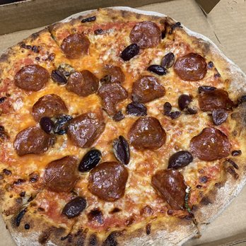 Prager Brothers Pizza - Pepperoni and Kalamata olives - Pizza Near Me - Carlsbad, California Prager Brothers Pizza - Pepperoni and Kalamata olives - Pizza Near Me - Carlsbad, California