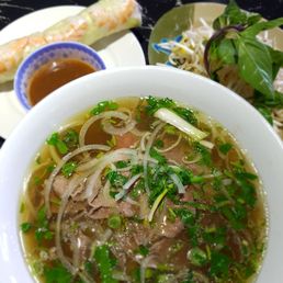 Combo: rare beef pho and shrimp salad roll