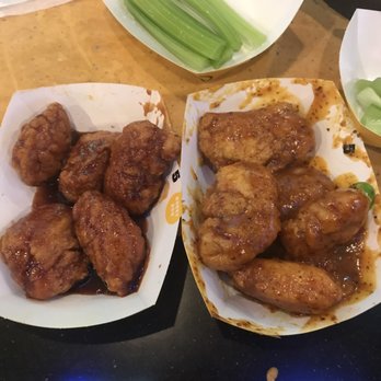 Buffalo Wild Wings - 5 honey BBQ wings (left) and 5 bourbon honey mustard wings (right) - Chicken Wings Near Me - Frederick, Maryland Buffalo Wild Wings - 5 honey BBQ wings (left) and 5 bourbon honey mustard wings (right) - Chicken Wings Near Me - Frederick, Maryland