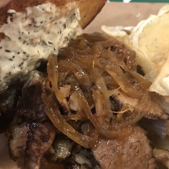 Hop River Brewing Company - Brisket Sandwich - AKA - Bomb! Coffee Rubbed Brisket, Carmelized Onions, Everything Bagel Cream Cheese on a bun, served with kettle chips. - Brewpubs Near Me - Fort Wayne, Indiana Hop River Brewing Company - Brisket Sandwich - AKA - Bomb! Coffee Rubbed Brisket, Carmelized Onions, Everything Bagel Cream Cheese on a bun, served with kettle chips. - Brewpubs Near Me - Fort Wayne, Indiana