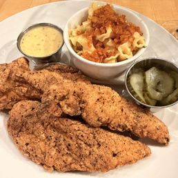 Fried Chicken Tenders and Macaroni & Cheese and house made pickles