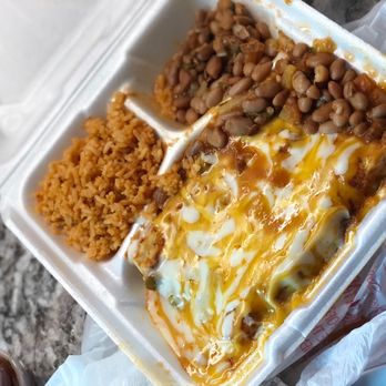 Mi Ranchito - Beef enchiladas, pinto beans, and Spanish rice. - Mexican Near Me - Austin, Texas