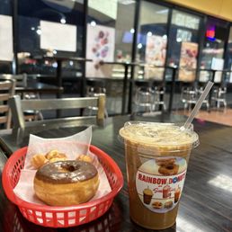 Chocolate donut, Vietnamese Ice Coffee, donut holes. Chocolate donut, Vietnamese Ice Coffee, donut holes.