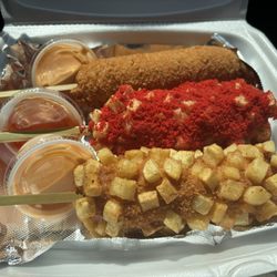 Ray's - Top - classic k dog with mozzarella and beef hot dog Middle - spicy potato k dog with mozzarella Bottom - potato k dog with mozzarella