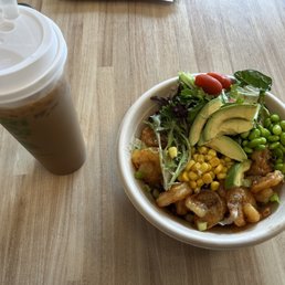 Shanghai shrimp, corn, and avocado bowl w/ brown rice & a coffee!