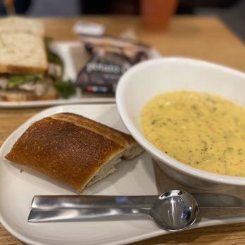 Panera Bread - Broccoli and cheddar soup with a baguette on the side - Sandwiches Near Me - Alhambra, California Panera Bread - Broccoli and cheddar soup with a baguette on the side - Sandwiches Near Me - Alhambra, California