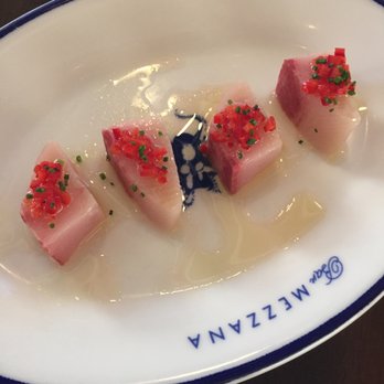 Bar Mezzana - Yellowtail with grapefruit oil and Fresno chili - Italian Near Me - Boston, Massachusetts Bar Mezzana - Yellowtail with grapefruit oil and Fresno chili - Italian Near Me - Boston, Massachusetts