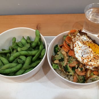 Brightwok Kitchen - Large edamame and a rice bowl with chicken, veggies and a fried egg, $17 - Asian Fusion Near Me - Chicago, Illinois