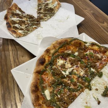 786 Degrees - Habibi in the the back and a secret menu item with pistachio pesto in front of - Pizza Near Me - Los Angeles, California
