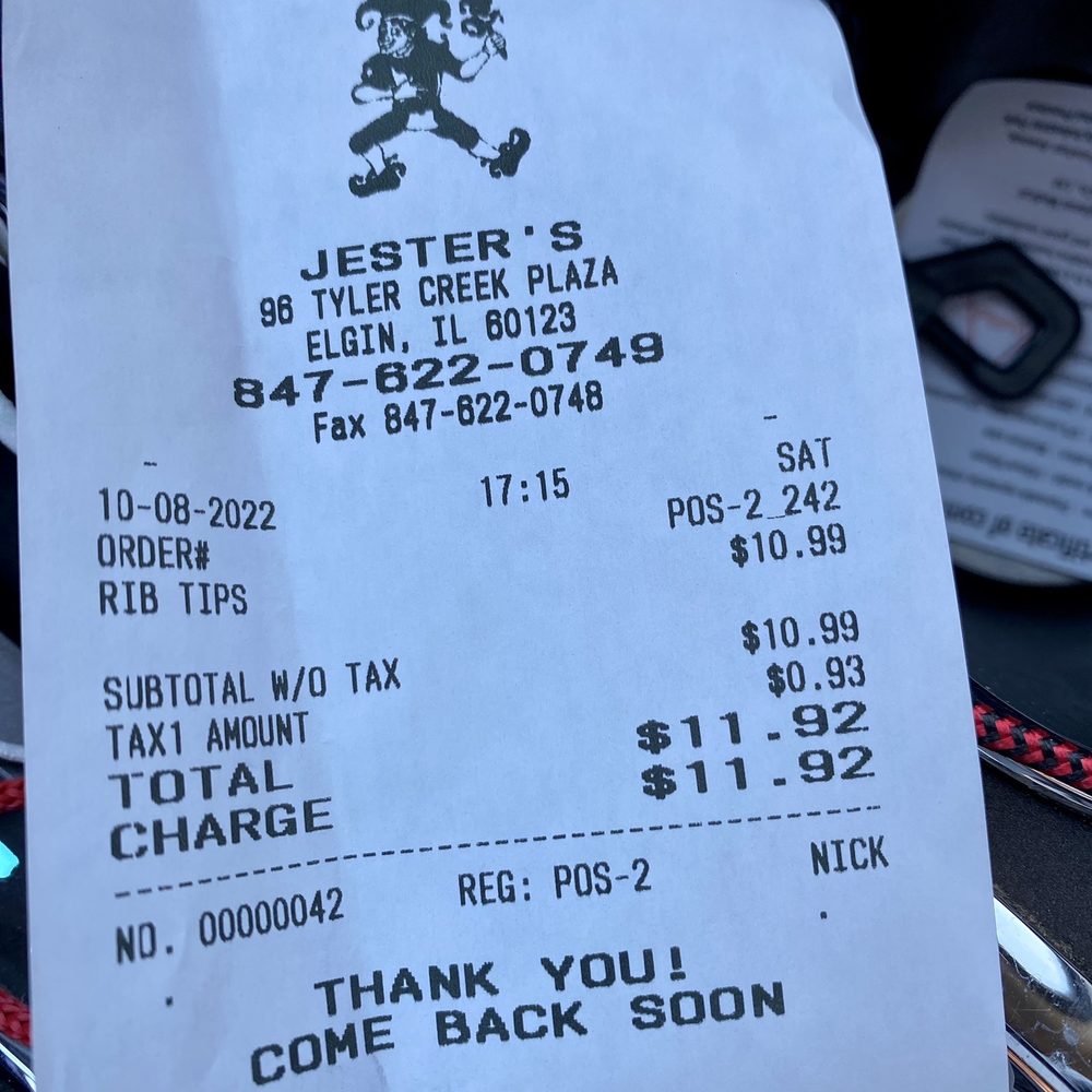 Jester's Fast Food - a receipt for the restaurant - Fast Food Near Me - Elgin, Illinois Jester's Fast Food - a receipt for the restaurant - Fast Food Near Me - Elgin, Illinois