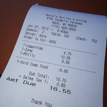 Moxie's Spirits & Dining - Receipt where they screwed up the comp after my GF found a bug in her cottage cheese (comped my meal instead of hers) - Bars Near Me - Reno, Nevada Moxie's Spirits & Dining - Receipt where they screwed up the comp after my GF found a bug in her cottage cheese (comped my meal instead of hers) - Bars Near Me - Reno, Nevada