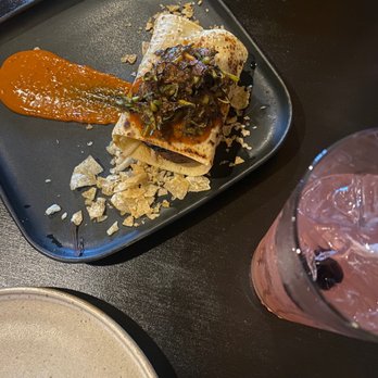 Henry Parsons Project - Shirley Temple and jiang bing crepe: pork belly, douban sauce, red mustard frill, ssamjang, potato chips - New American Near Me - Pasadena, California