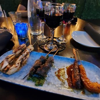 Flights - Stix skewers-all yummy  If you have peanut allergy: ask for chicken sauce on the side/omitted. Red  wine flight. - New American Near Me - Las Vegas, Nevada