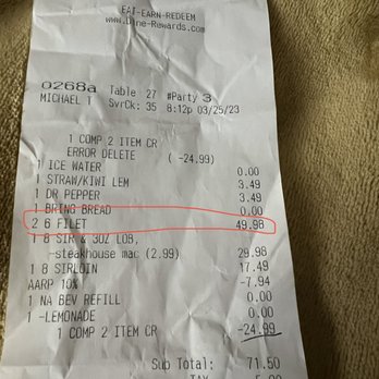 Outback Steakhouse - Not Comped When Charged for Item Twice! - Steakhouses Near Me - Abilene, Texas