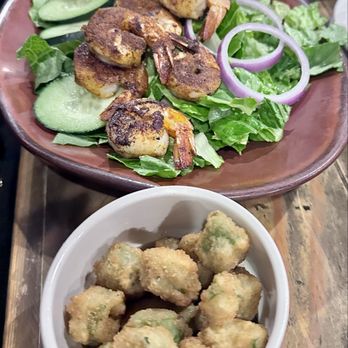 Southern Komfort Kitchen - Fried Okra and  blackened Shrimp Salad - Southern Near Me - La Porte, Texas