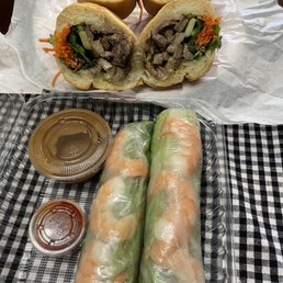 Large shrimp rolls, individually wrapped so they don't stick together. Peanut and chili sauce.