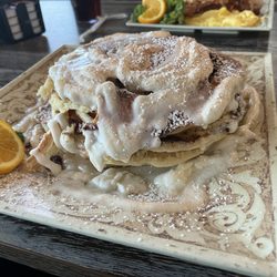 Cinnamon roll Old Fashioned Pancakes w/ no whip cream, extra icing, extra pancake