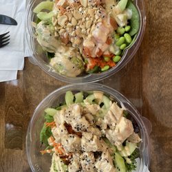 Poke Bros - Top: Johnny Utah Bowl Bottom: BYOB - Chicken, edamame, cuke, avocado, salad base
