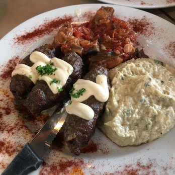 Oren's Hummus - Beef/Lamb skewer, chunky and puree eggplant - Mediterranean Near Me - Cupertino, California