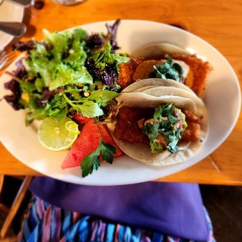 Chef Rick's - Crispy salmon tacos (note the purple napkin) - New American Near Me - Orcutt, California