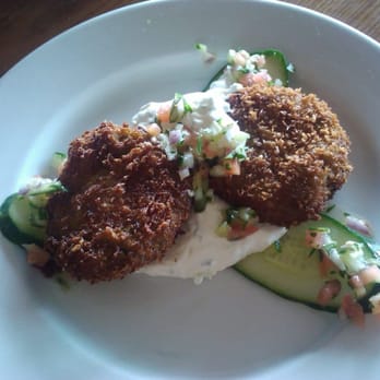 Boulevard Cafe - Zucchini Cakes with cucumber-yogurt sauce and onion tomato relish - New American Near Me - Daly City, California Boulevard Cafe - Zucchini Cakes with cucumber-yogurt sauce and onion tomato relish - New American Near Me - Daly City, California
