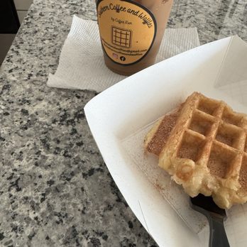 Southern Coffee and Waffles - Cinnamon sugar waffle and iced caramel latte. - Food Trucks Near Me Southern Coffee and Waffles - Cinnamon sugar waffle and iced caramel latte. - Food Trucks Near Me