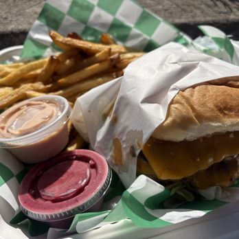 Front Porch Dewey Burger & Fish - Double cheeseburger with a side of fry sauce and chipotle Huckleberry sauce! Chipotle Huckleberry sauce is to die for! - American Near Me - Eureka, Montana Front Porch Dewey Burger & Fish - Double cheeseburger with a side of fry sauce and chipotle Huckleberry sauce! Chipotle Huckleberry sauce is to die for! - American Near Me - Eureka, Montana