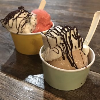 Caravaggio Gelato Lab - Delicious and lactose-free! small: hazelnut and stracciatella, medium: strawberry and stracciatella - Gelato Near Me - Berkeley, California