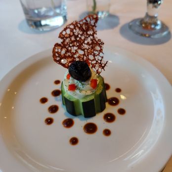 Laney Bistro - AMUSE BOUCHE ~ CUCUMBER CUP - feta mousse, smoked pepper sauce, tomato lace, parsley dust, dry-cured olive - Desserts Near Me - Oakland, California